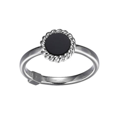 SS ELLE "NAUTICAL" RHODIUM PLATED GENUINE 6MM ROUND BLACK AGATE WITH ROPE TRIM RING SIZE 6 - Robson's Jewelers