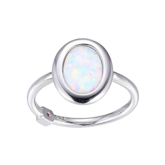 (XWWELLE)SS RHOD PLTD RING #OP17 CREATED OPAL(FIRE&SNOW) ALL (CAB)OV 10X7MM #6 - Robson's Jewelers